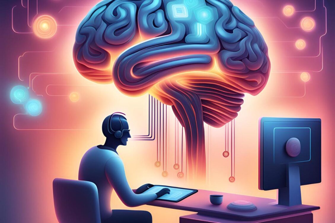 Hombre sentado frente a lo que parece ser una pantalla, pero es un gran cerebro, mientras él toca con su mano derecha una tableta para crear contenidos con IA.